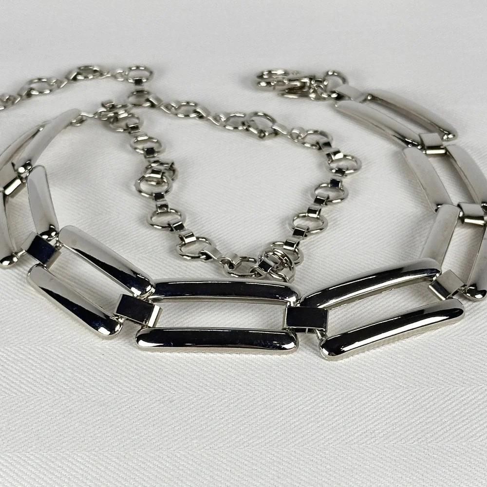 90s Italian Soho Design Silver‎ Metal Chain Belt Made in Italy Rectangular Links
